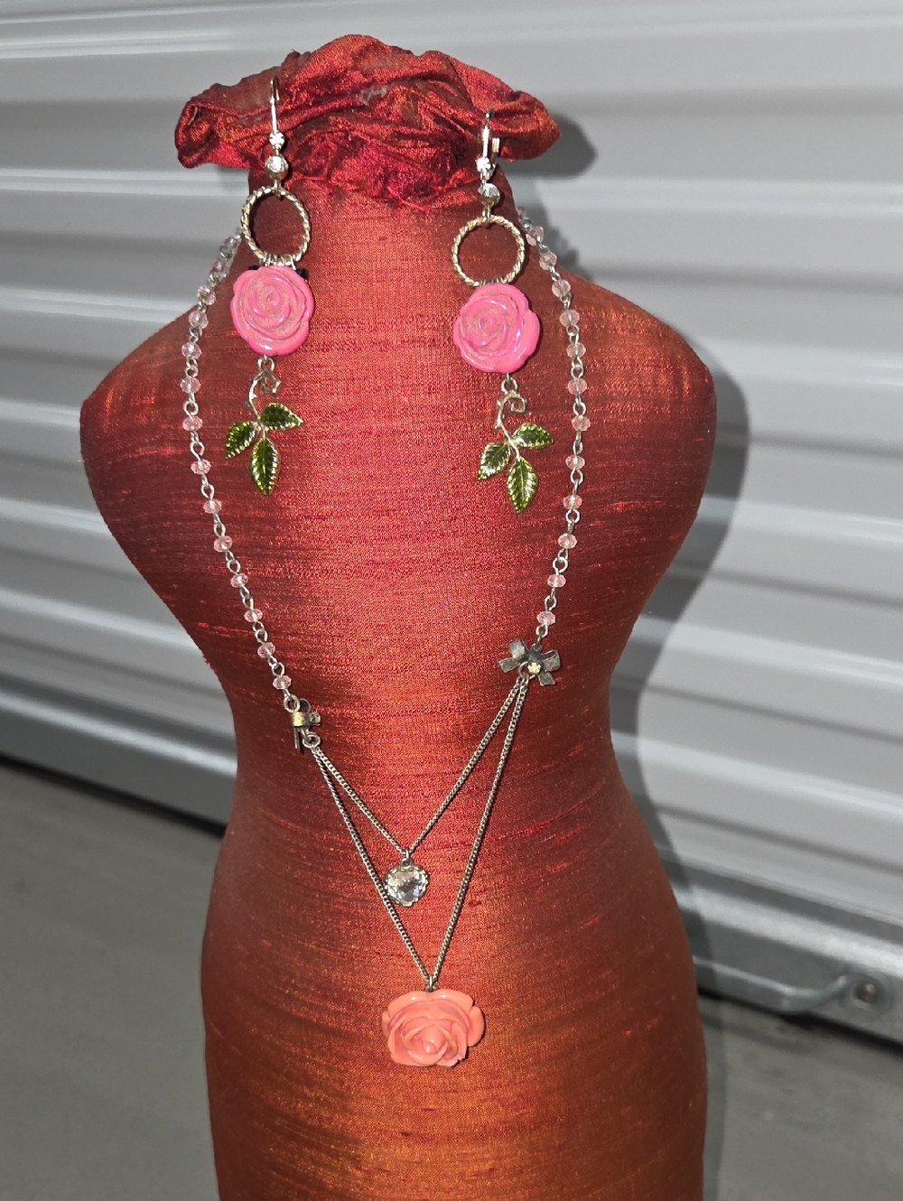 Betsey Johnson Pink Rose Pendant Necklace and Earrings Set